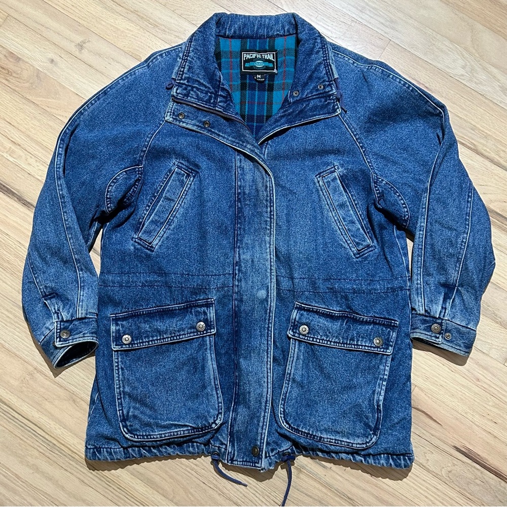 Vtg Pacific Trail Jean Jacket/Coat Plaid Flannel Lined Wm Size Medium Zip Pocket